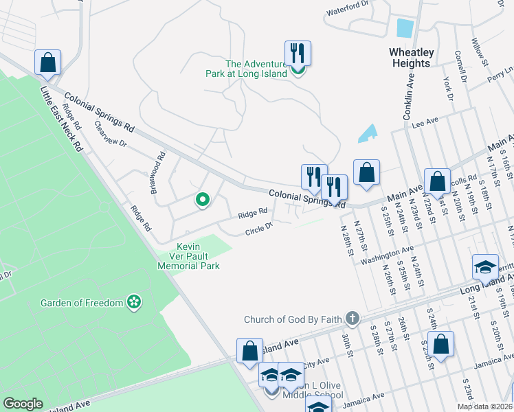 map of restaurants, bars, coffee shops, grocery stores, and more near 199 Ridge Road in Wheatley Heights