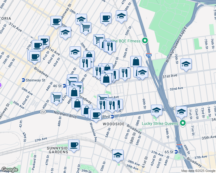 map of restaurants, bars, coffee shops, grocery stores, and more near 31-07 51st Street in Queens