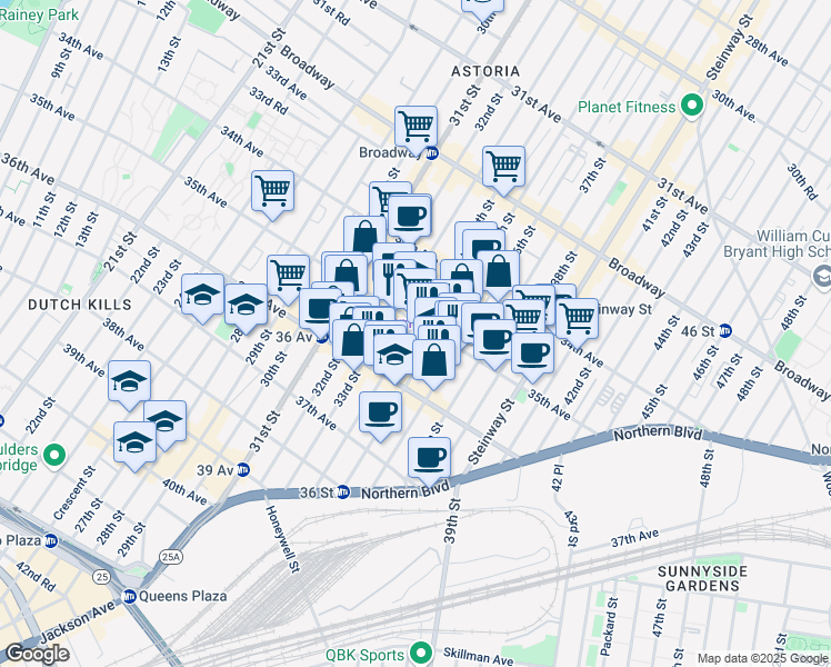 map of restaurants, bars, coffee shops, grocery stores, and more near 35-15 34th Street in Queens