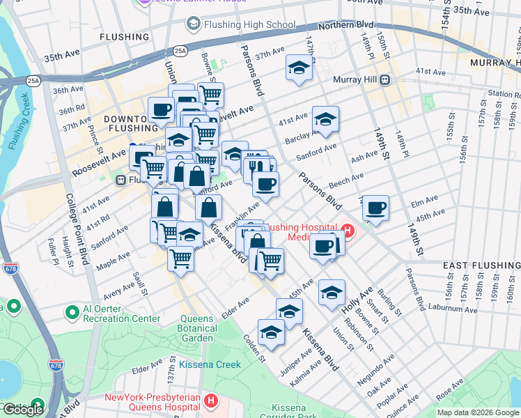 map of restaurants, bars, coffee shops, grocery stores, and more near 142-36 Franklin Avenue in Queens