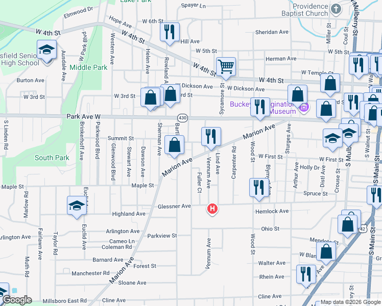 map of restaurants, bars, coffee shops, grocery stores, and more near 240 Marion Avenue in Mansfield