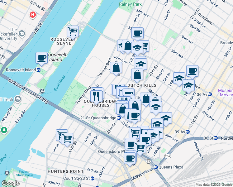 map of restaurants, bars, coffee shops, grocery stores, and more near 12-07 40th Avenue in Queens