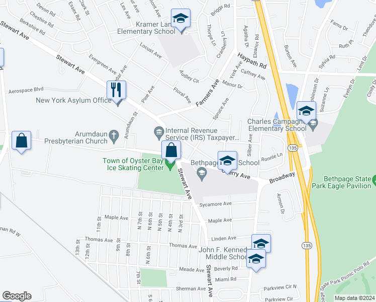 map of restaurants, bars, coffee shops, grocery stores, and more near 9 Spruce Avenue in Bethpage