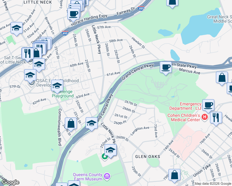 map of restaurants, bars, coffee shops, grocery stores, and more near 269-10 Grand Central Parkway in Queens