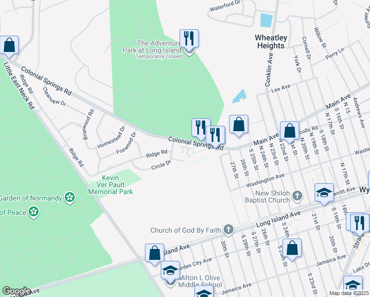map of restaurants, bars, coffee shops, grocery stores, and more near 50 Colonial Springs Road in Wheatley Heights