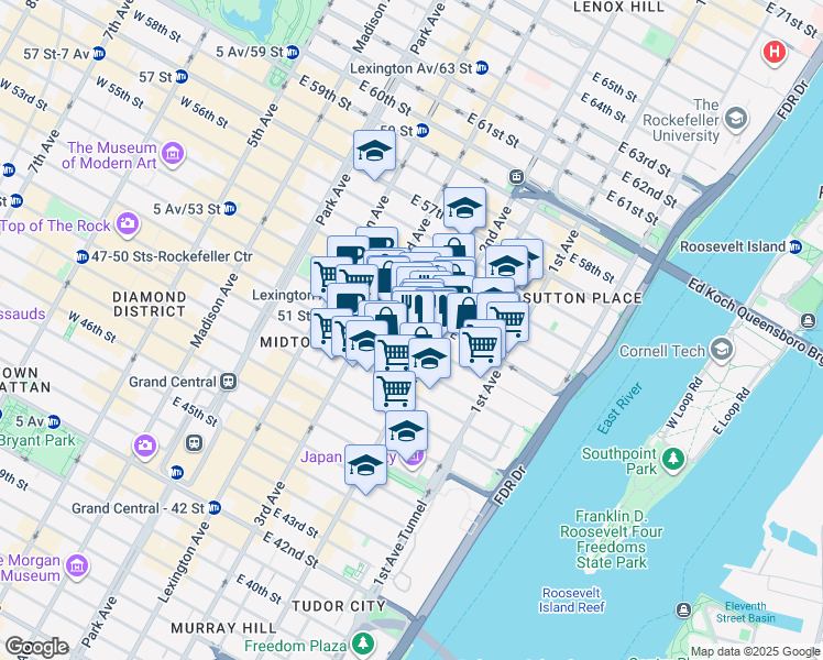 map of restaurants, bars, coffee shops, grocery stores, and more near 235 East 52nd Street in New York
