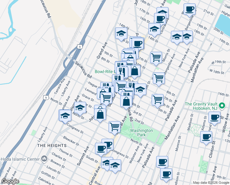 map of restaurants, bars, coffee shops, grocery stores, and more near 1209 Summit Avenue in Jersey City