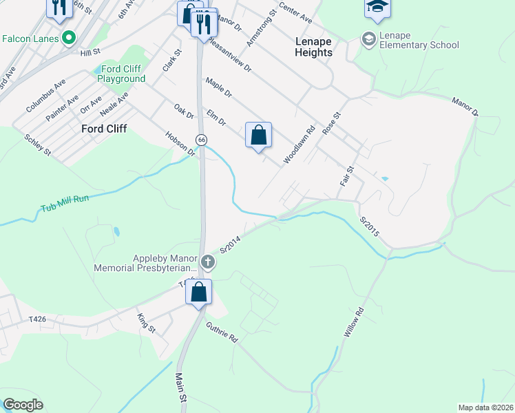 map of restaurants, bars, coffee shops, grocery stores, and more near 636 Woodlawn Road in Ford City