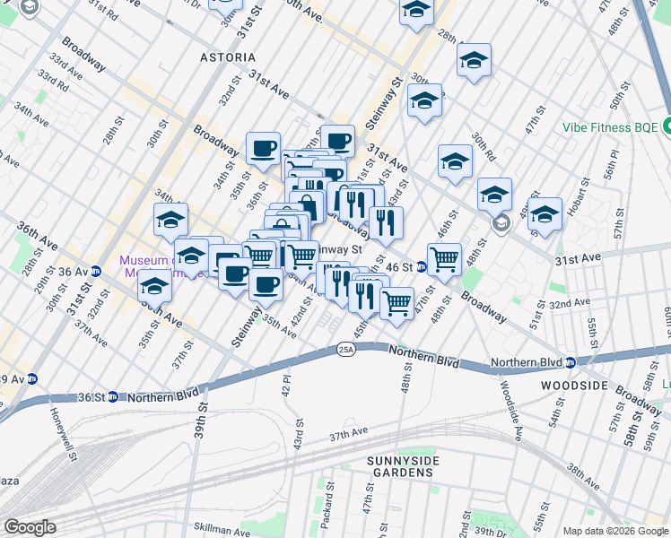 map of restaurants, bars, coffee shops, grocery stores, and more near 32-57 42nd Street in Queens