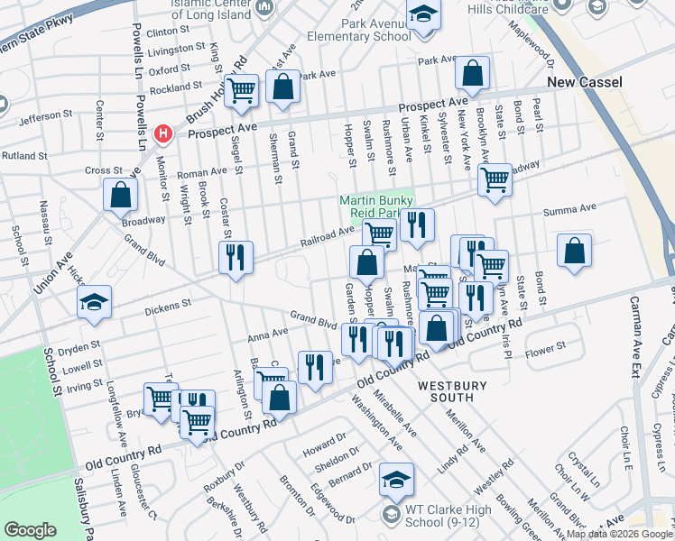 map of restaurants, bars, coffee shops, grocery stores, and more near 111 Garden Street in Westbury