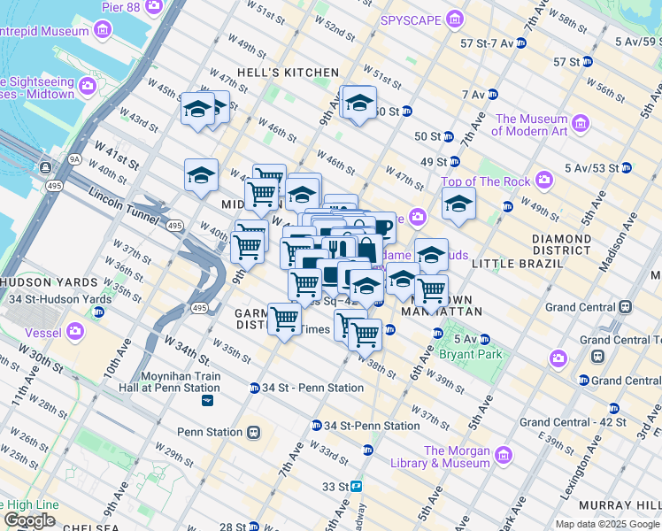 map of restaurants, bars, coffee shops, grocery stores, and more near 11 Times Square in New York