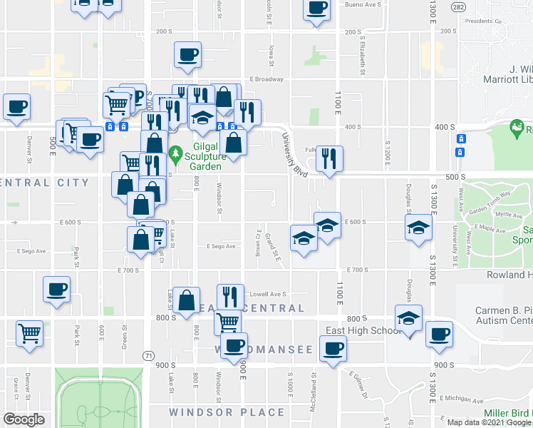 map of restaurants, bars, coffee shops, grocery stores, and more near 933 East 600 South in Salt Lake City