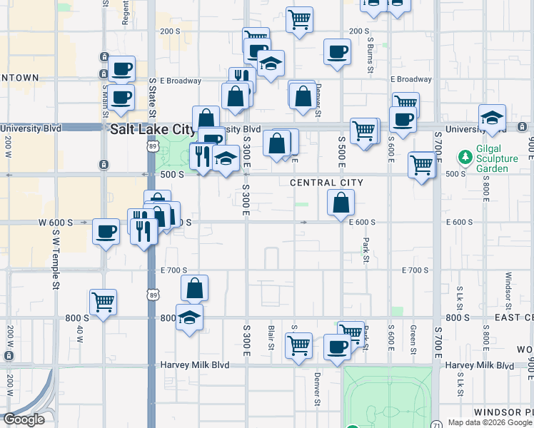 map of restaurants, bars, coffee shops, grocery stores, and more near 309 East 600 South in Salt Lake City