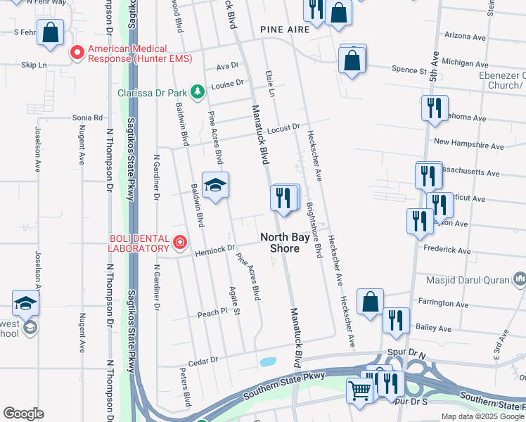 map of restaurants, bars, coffee shops, grocery stores, and more near 5-95 Hemlock Drive in Bay Shore
