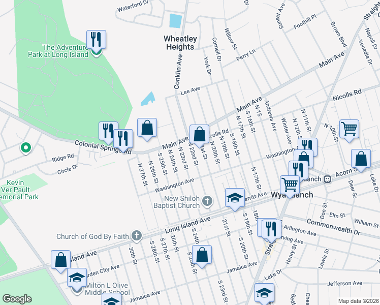 map of restaurants, bars, coffee shops, grocery stores, and more near 149 North 23rd Street in Wheatley Heights