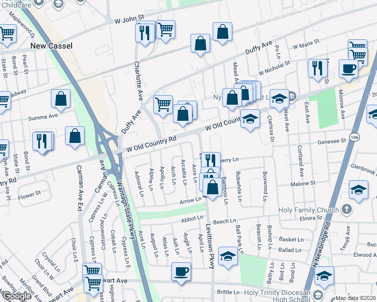 map of restaurants, bars, coffee shops, grocery stores, and more near 51 Acre Lane in Hicksville