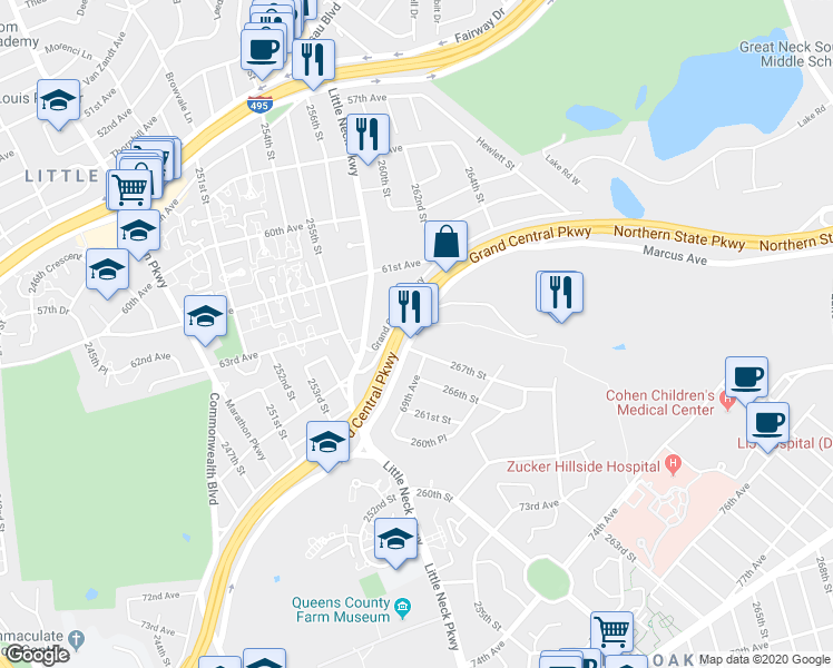 map of restaurants, bars, coffee shops, grocery stores, and more near 272-48 Grand Central Parkway in Queens