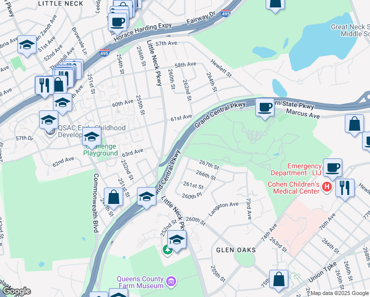 map of restaurants, bars, coffee shops, grocery stores, and more near 272-48 Grand Central Parkway in Queens