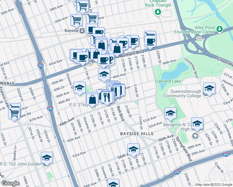 map of restaurants, bars, coffee shops, grocery stores, and more near 47-17 Bell Boulevard in Queens