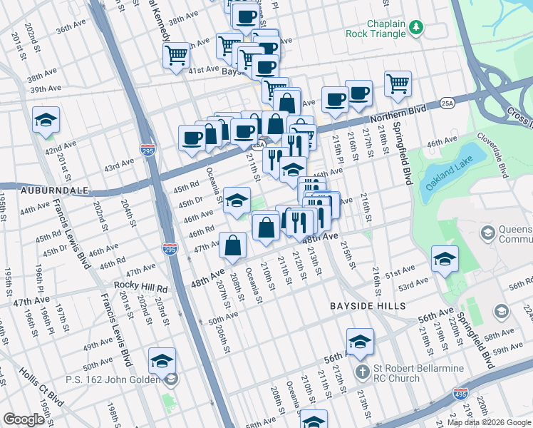 map of restaurants, bars, coffee shops, grocery stores, and more near 211-21 47th Avenue in Queens