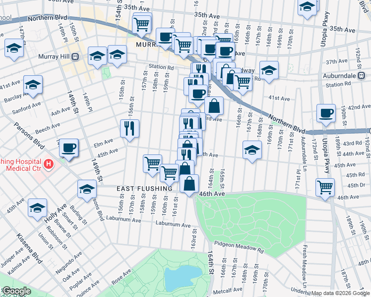 map of restaurants, bars, coffee shops, grocery stores, and more near in Queens