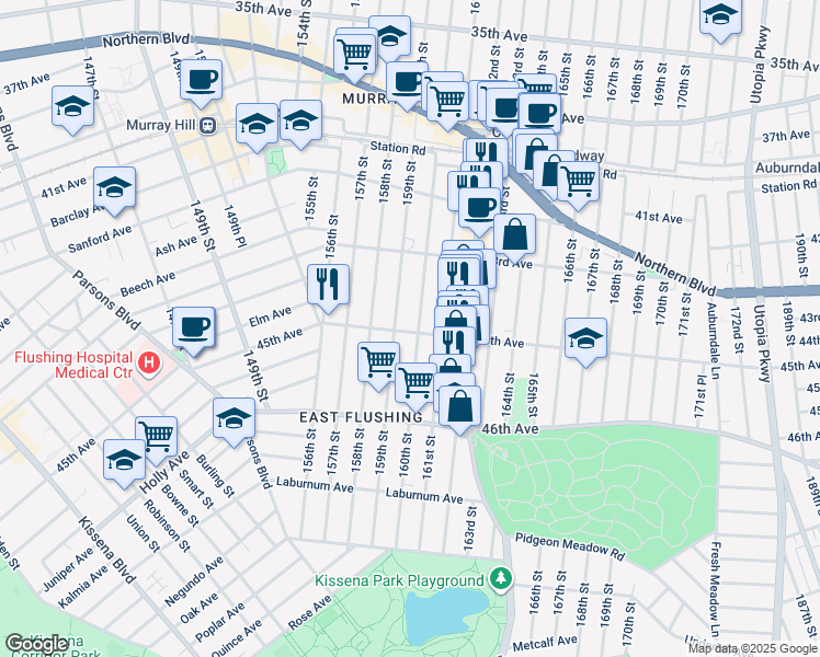 map of restaurants, bars, coffee shops, grocery stores, and more near 160-07 45th Avenue in Queens