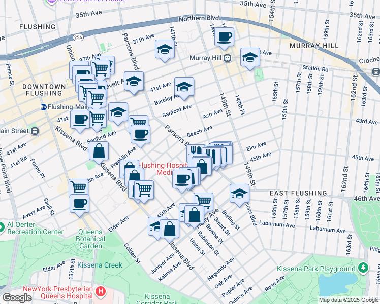 map of restaurants, bars, coffee shops, grocery stores, and more near 146-17 Delaware Avenue in Queens