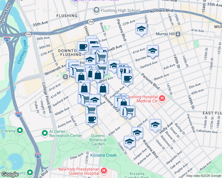 map of restaurants, bars, coffee shops, grocery stores, and more near in Queens