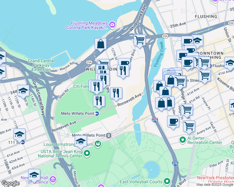 map of restaurants, bars, coffee shops, grocery stores, and more near 32 126th Street in Queens