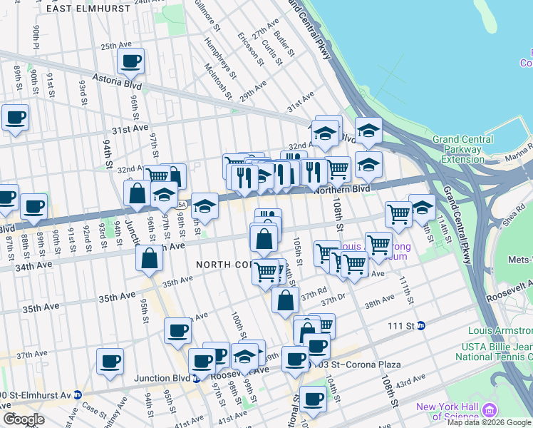 map of restaurants, bars, coffee shops, grocery stores, and more near 33-40 104th Street in Queens