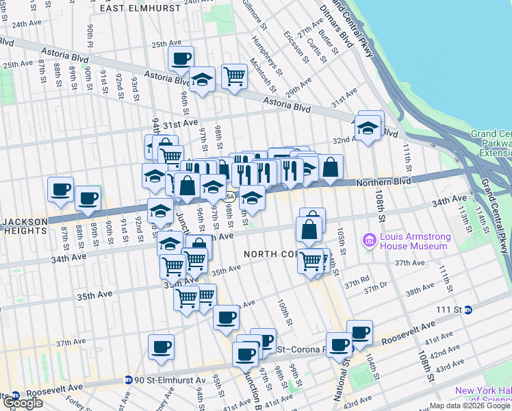 map of restaurants, bars, coffee shops, grocery stores, and more near 33-23 99th Street in Queens