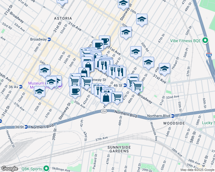 map of restaurants, bars, coffee shops, grocery stores, and more near 32-44 44th Street in Queens
