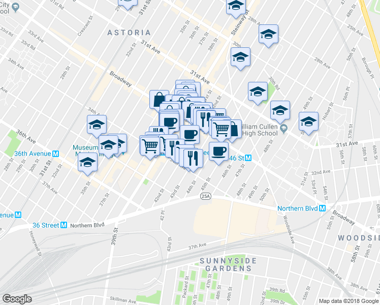 map of restaurants, bars, coffee shops, grocery stores, and more near 32-65 42nd Street in Queens