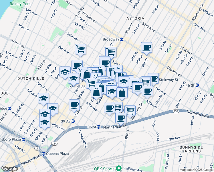 map of restaurants, bars, coffee shops, grocery stores, and more near 35-31 33rd Street in Queens