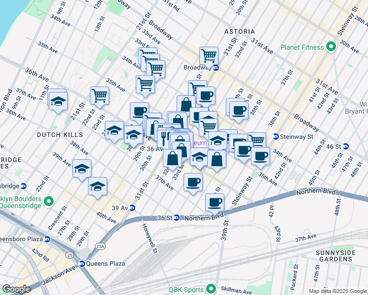 map of restaurants, bars, coffee shops, grocery stores, and more near 35-54 32nd Street in Queens