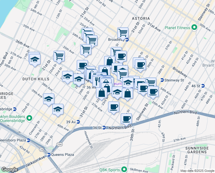 map of restaurants, bars, coffee shops, grocery stores, and more near 35-54 32nd Street in Queens
