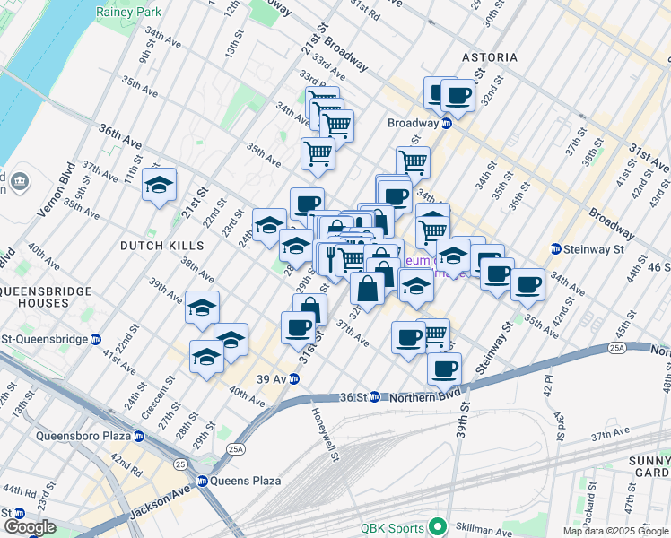 map of restaurants, bars, coffee shops, grocery stores, and more near in Queens