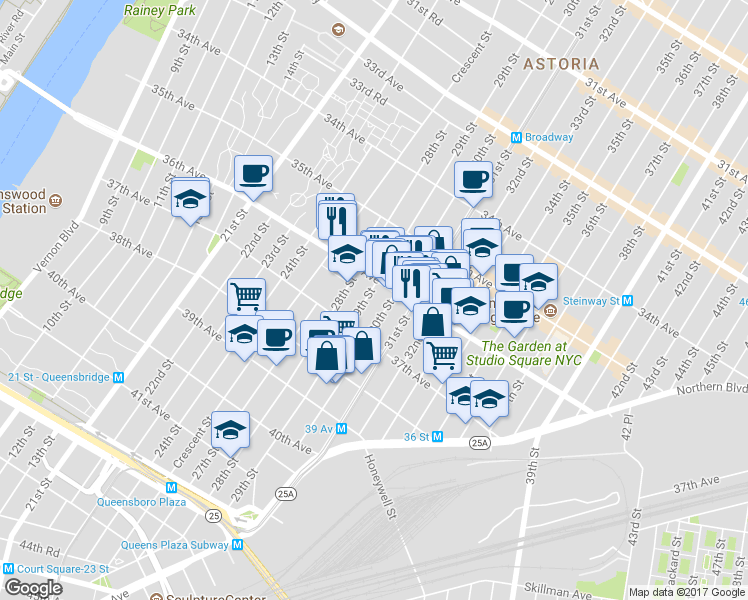 map of restaurants, bars, coffee shops, grocery stores, and more near 36-29 29th Street in Queens