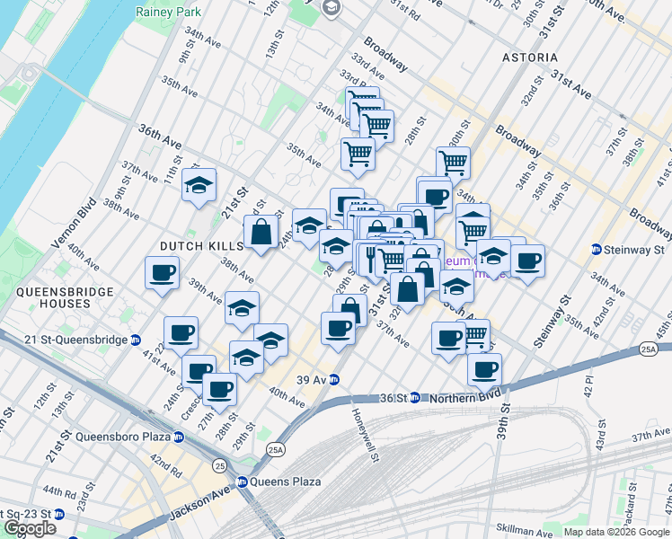 map of restaurants, bars, coffee shops, grocery stores, and more near 36-29 29th Street in Queens