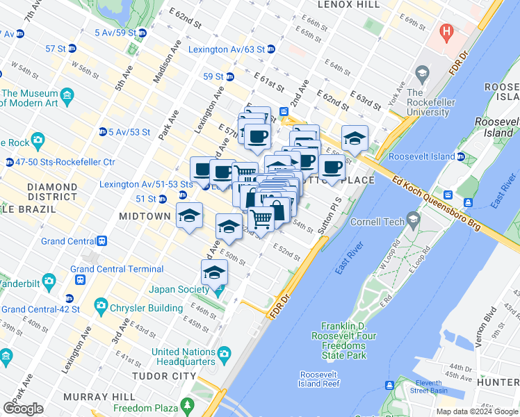 map of restaurants, bars, coffee shops, grocery stores, and more near 966 1st Avenue in New York