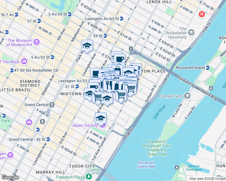 map of restaurants, bars, coffee shops, grocery stores, and more near 313 East 53rd Street in New York