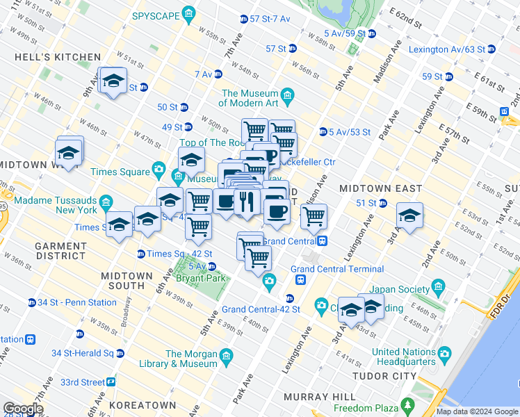 map of restaurants, bars, coffee shops, grocery stores, and more near 21 West 46th Street in New York