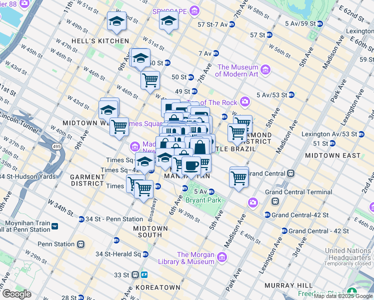 map of restaurants, bars, coffee shops, grocery stores, and more near 130 West 44th Street in New York