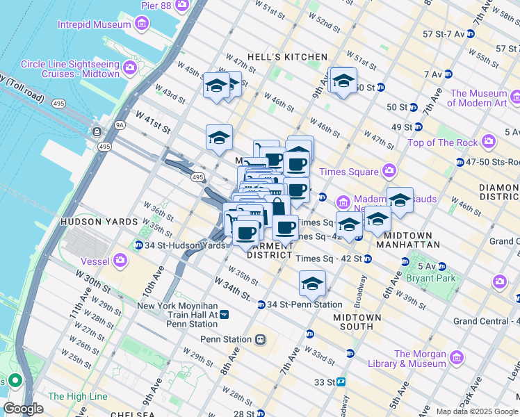 map of restaurants, bars, coffee shops, grocery stores, and more near 510 9th Avenue in New York