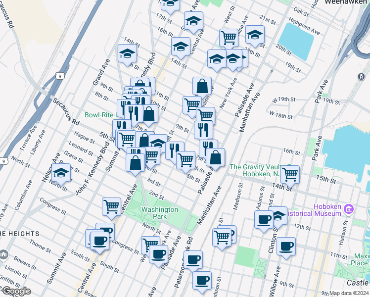 map of restaurants, bars, coffee shops, grocery stores, and more near 613 Bergenline Avenue in Union City