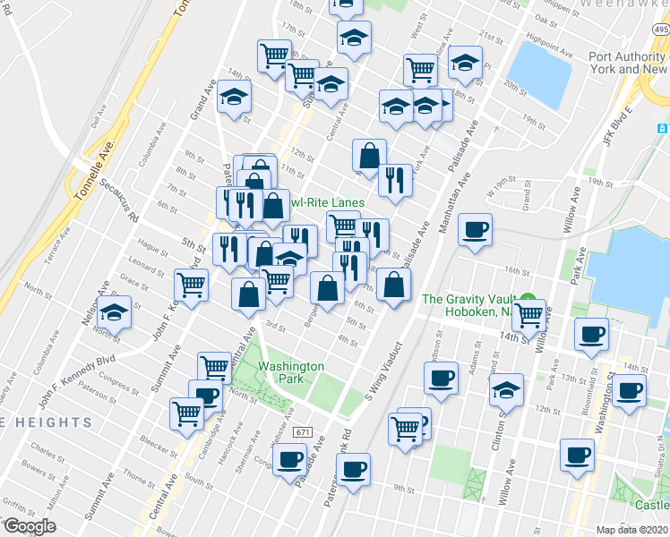 map of restaurants, bars, coffee shops, grocery stores, and more near 613 Bergenline Avenue in Union City