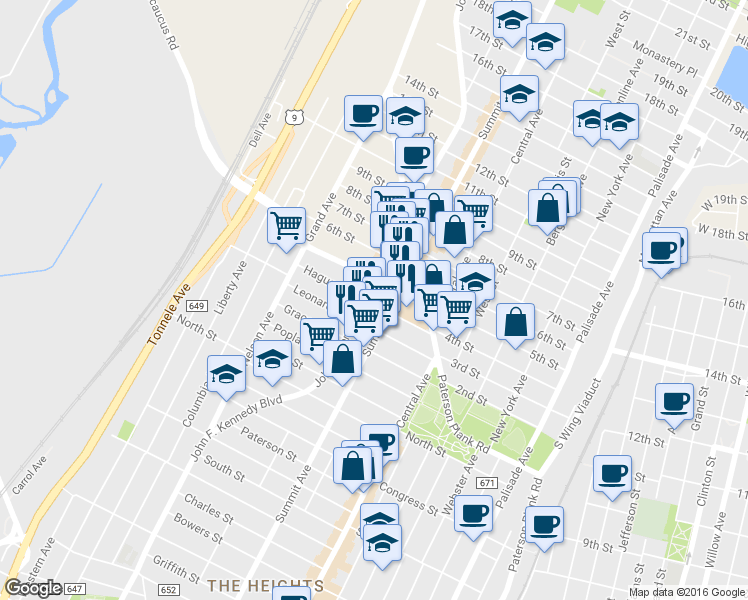 map of restaurants, bars, coffee shops, grocery stores, and more near 57 Hague Street in Jersey City