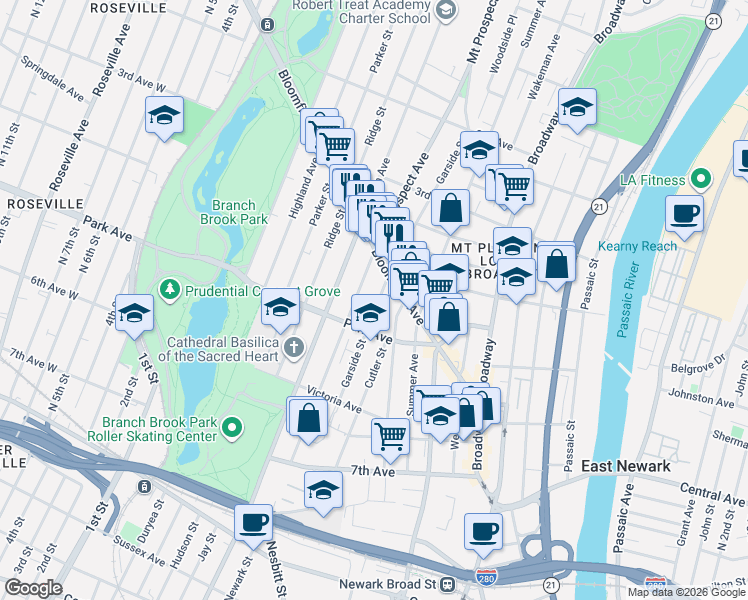 map of restaurants, bars, coffee shops, grocery stores, and more near 151 Garside Street in Newark