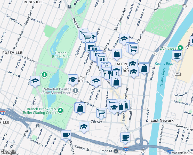 map of restaurants, bars, coffee shops, grocery stores, and more near 151 Garside Street in Newark
