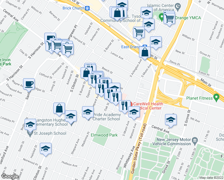 map of restaurants, bars, coffee shops, grocery stores, and more near 22 Nassau Place in East Orange